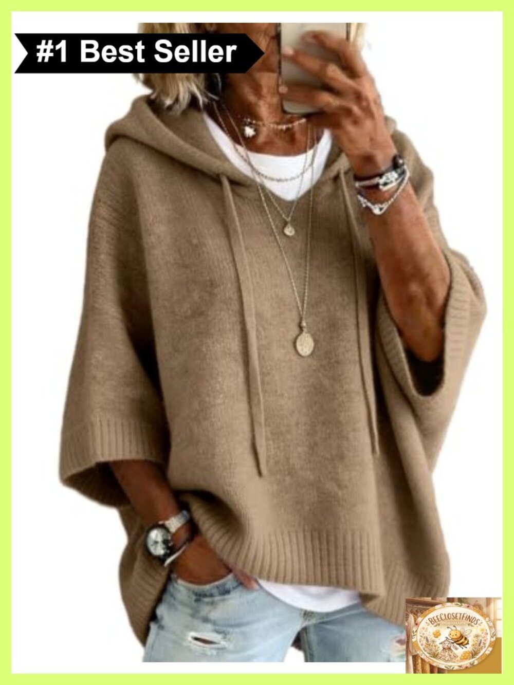 Knit Hooded Pullover Sweater 3/4 Batwing Sleeve Drawstring Loose Fit